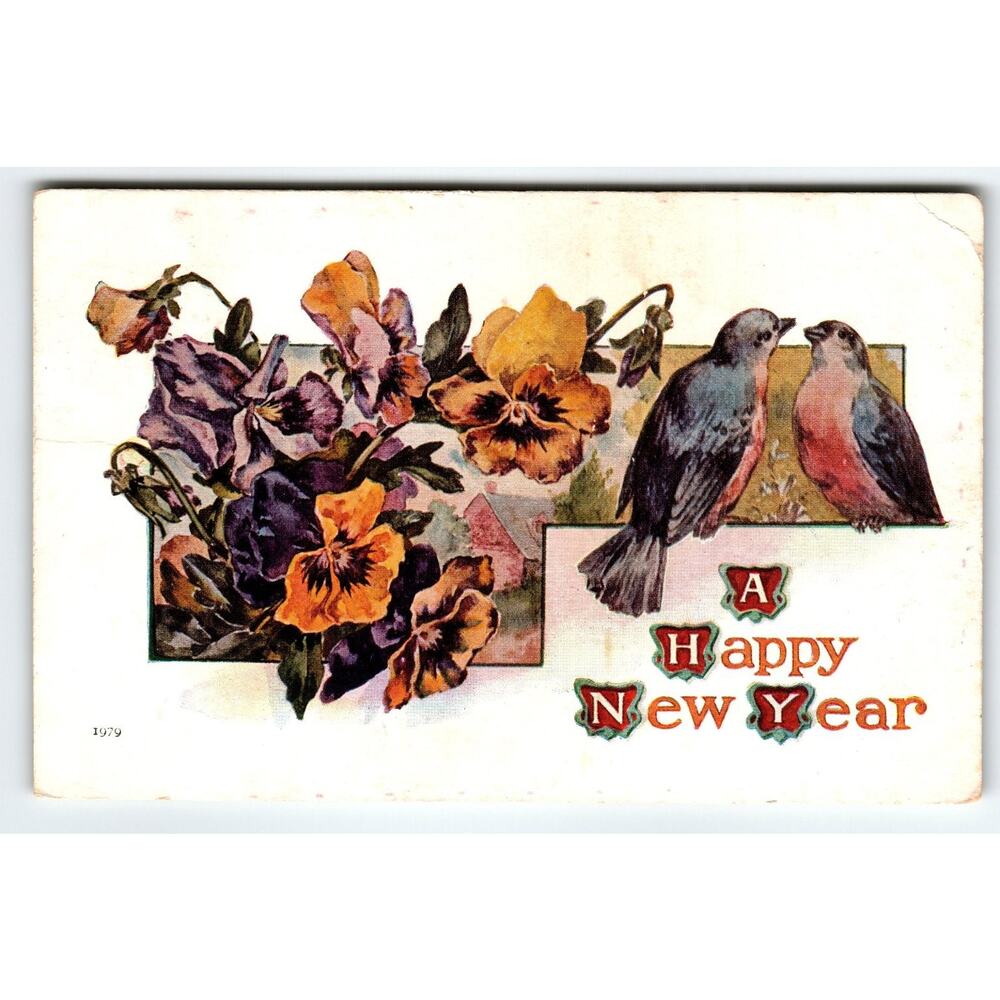 Vintage New Year Postcard with Birds & Pansies Floral Design 1979